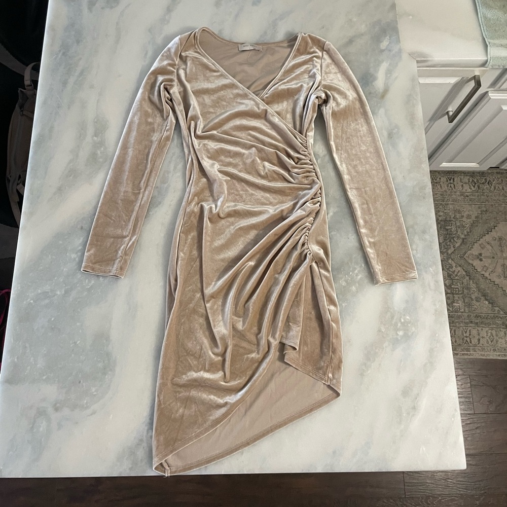 Asymmetric Faux-Wrap Dress Long Sleeves Beige Size L